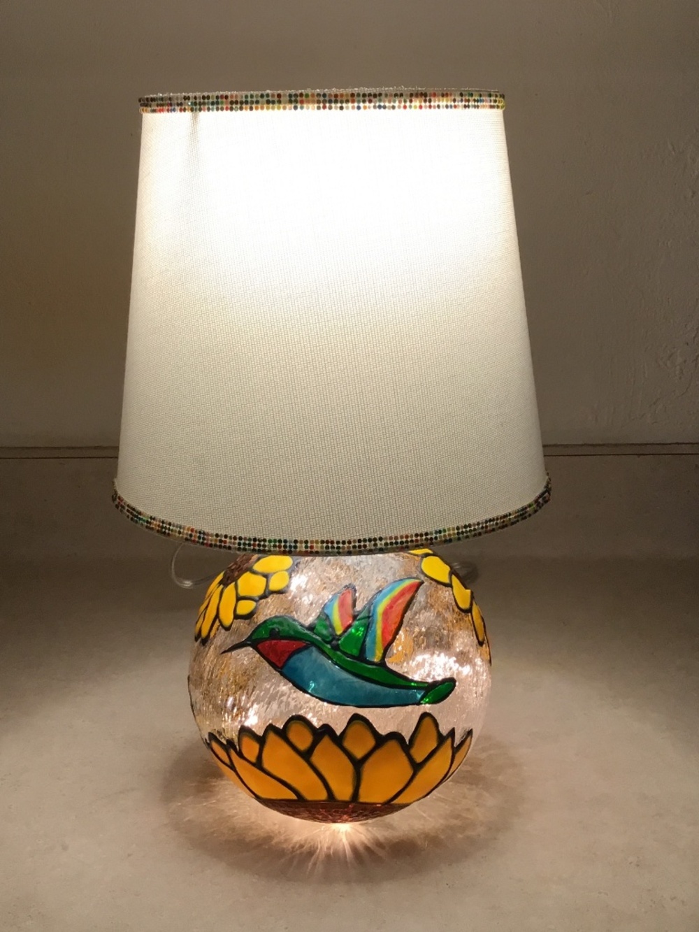 Sunflower Hummingbird Hand Painted Stained Glass 13 inch lamp